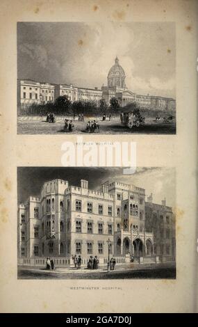 Bethlem Hospital (oben) und Westminster Hospital London aus dem Buch Illustrated London oder einer Reihe von Ansichten über die britische Metropole und ihre Umgebung, eingraviert von Albert Henry Payne, aus Originalzeichnungen. Die historischen, topografischen und verfehlten Mitteilungen von Bichnell, W. I; Payne, A. H. (Albert Henry), 1812-1902 Veröffentlicht 1846 in London von E.T. Brain & Co Stockfoto