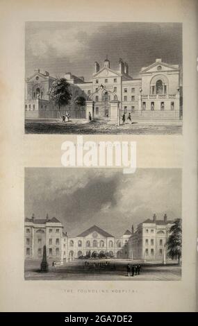 London Middlesex Hospital (oben) und Foundling Hospital aus dem Buch Illustrated London oder einer Serie von Ansichten in der britischen Metropole und ihrer Umgebung, graviert von Albert Henry Payne, aus Originalzeichnungen. Die historischen, topografischen und verfehlten Mitteilungen von Bichnell, W. I; Payne, A. H. (Albert Henry), 1812-1902 Veröffentlicht 1846 in London von E.T. Brain & Co Stockfoto