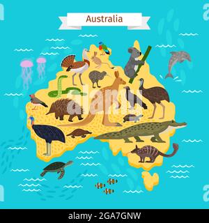 Australische Tiere und Vögel auf der Karte Stock Vektor