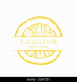 Frische Zitronen Organic Abstract Vektor-Zeichen, Symbol oder Logo-Vorlage. Handgezeichnete Citrus Sketch Silhouette mit moderner Typografie. Obst-Emblem Stock Vektor
