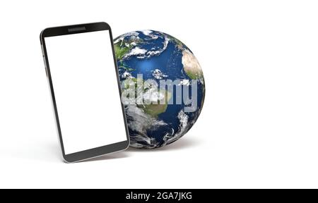 Smartphone mit Erde auf weißem Hintergrund - Erdkarte der NASA - 3D-Rendering Stockfoto