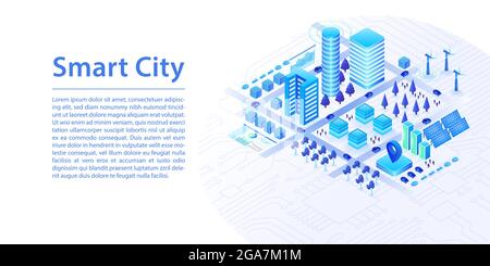 Smart City-Konzept als isometrische 3D-Vektordarstellung. Vernetzte Geräte und Gebäude mit erneuerbarer Energie als breites Webbanner-Layout. Stock Vektor