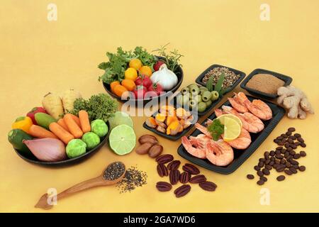 Flexitarian gesunde Lebensweise Lebensmittel reich an Eiweiß, Omega-3, Antioxidantien, Anthocyane, Ballaststoffe. Stockfoto