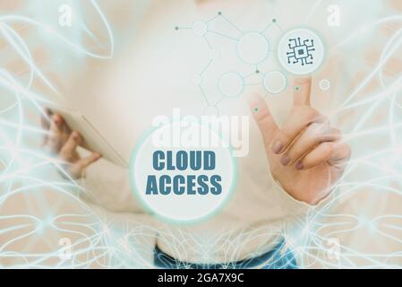 Handschrift Zeichen Cloud Access. Internet Concept Software-Tool zwischen der Organisation und dem Anbieter Lady Holding Tablet Drücken auf Virtual Stockfoto