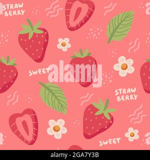 Strawberry handgezeichnetes nahtloses Muster. Niedliche bunte Erdbeeren mit Blumen und Blättern im Doodle-Stil, Vektorgrafik Stock Vektor