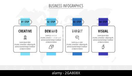 Vektorlinien-Infografiken mit vier Rechtecken und Pfeilen. Prozessvorlage mit 4 Symbolen. Moderne Zeitleiste für Geschäftsprojekt, Präsentation Stock Vektor