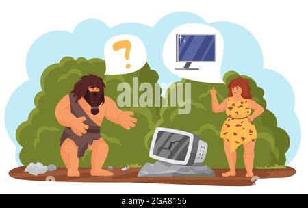 Primitive Stammes Menschen mit moderner Technologie Vektor Illustration. Cartoon Höhle Mann Frau Figuren stehen mit alten kaputten Computer, Höhlenmensch träumen von neuen pc, Tech-Evolution isoliert auf weiß Stock Vektor