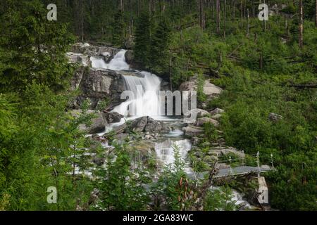 Kaskaden von schönen langen Wasserfall auf Kaltwasserbach in der Nähe von Hrebienok im Nationalpark hohe Tatra, Slowakei Stockfoto