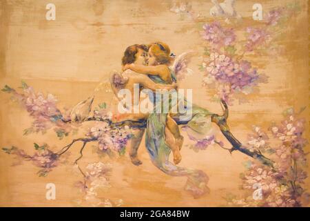 Paar Engel auf einem Blütenbaum Gemälde, klassischer Stil. Stockfoto