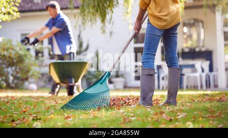 Nahaufnahme Des Reifen Asiatischen Paares, Das Im Garten Zu Hause Arbeitet, Laub In Barrow Aufräumen Und Aufräumen Stockfoto