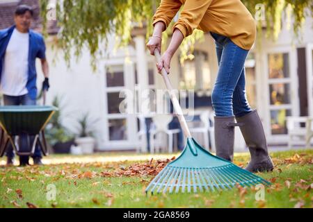 Nahaufnahme Des Reifen Asiatischen Paares, Das Im Garten Zu Hause Arbeitet, Laub In Barrow Aufräumen Und Aufräumen Stockfoto