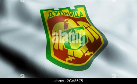 3D-Illustration einer wehenden bulgarischen Stadtflagge von Dupnitsa Stockfoto