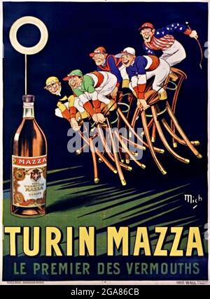 Werbeplakat für Turin Mazza Vermouth, von mich, auch bekannt als Jean-Marie-Michel Liébaux. Barhocker-Jockeys Rennen um eine Flasche Turin Mazza. Stockfoto