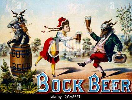 Bock Beer Werbung von 1882 mit einer Bardame, die mit einer Ziege tanzt, zum Klang einer Geige, die von einer anderen Ziege gespielt wird. Möglicherweise verbunden. Stockfoto