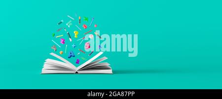 Offenes Buch mit fliegenden Zahlen und Buchstaben auf grünem Hintergrund. Konzept des Lernens und Lesens in der Schule. 3d-Rendering 3d-Illustration Stockfoto