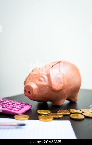 Einige goldene Münzen mit einer Verdienstliste auf einem Blatt Papier, einem schwarzen Stift und einem Sparschwein auf einem Holztisch Stockfoto