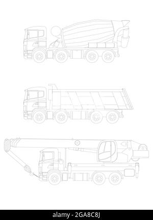 Satz von Vektorskizzen von Bau-Kfz-Ausrüstung. Vektorgrafik. Stock Vektor