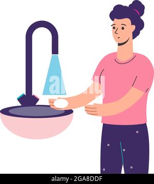 Mädchen wäscht ihre Hände, um Coronavirus zu verhindern. Hygiene beachten und sauber halten. Vektor-Illustration in einem flachen Stil, Frau, Waschbecken, Leitungswasser Stock Vektor