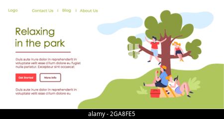 Entspannen im Park, Kinder picknicken unter Baum Stock Vektor