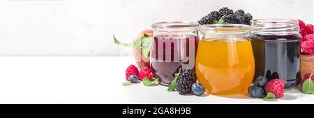 Sortiment von sommerlichen, saisonalen Beeren- und Obstkonfitüren in kleinen Gläsern, hausgemachtem Einmachungskonzept, Marmeladen oder Konfitüren mit frischen Beeren auf weißem b Stockfoto