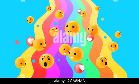 Verschiedene Emoticon-Reaktionen auf dem hellen Regenbogen-Hintergrund. Vektorgrafik Stock Vektor
