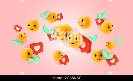 Emoticon Reaktionen auf Peachy Hintergrund. Herzförmig Wie, Emoji Gesichter, Blätter. Vektorgrafik Stock Vektor