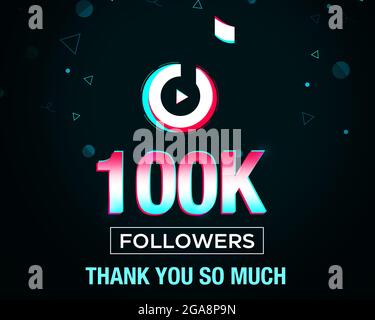 Social Media 100K Followers zur Messe und danke posten Hintergrund mit den neuesten Farben und Formen. Moderne Social-Media-Konzept Hintergrund Stockfoto