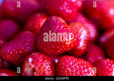 Ein Vollformat-Foto von Erdbeeren mit geringer Schärfentiefe Stockfoto