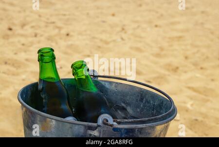 Zwei Flaschen Bier im Schatten, die sich in einem Metalleimer mit Eis befinden Stockfoto