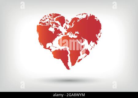 Heart World, Welt und Liebe, Happy World Map. Weltkarte, die wie ein Herz aussieht. Weltkarte, die Liebe und Frieden auf der Erde darstellt. Stock Vektor