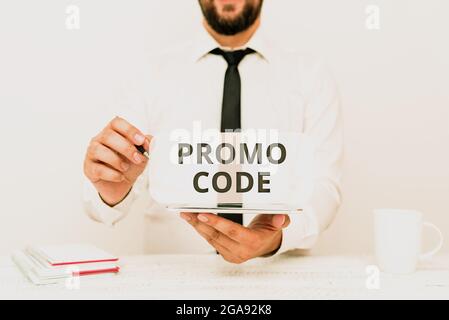 Textunterschrift mit Aktionscode. Konzept, das Buchstaben oder Zahlen bedeutet, die einen Rabatt auf etwas ermöglichen, das Kommunikationstechnologie präsentiert Stockfoto