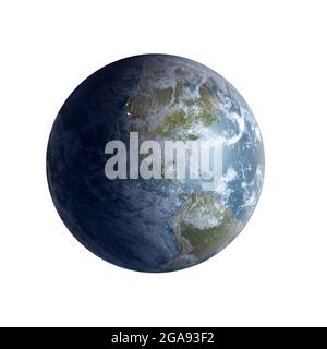 3D Rendering des Planeten Erde aus dem Weltraum bei vollem Tageslicht, mit Nord-und Südamerika Kontinente, isoliert auf weiß mit Beschneidungspfad. Elemente von Stockfoto