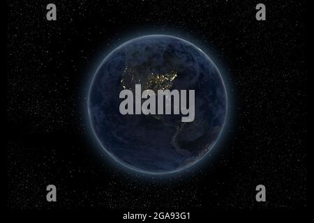 3D-Rendering des Planeten Erde in der Nacht aus dem Weltraum auf einem Sternenfeld, für wissenschaftliche und Raumfahrt-Business-Hintergründe. Elemente dieses Bildes, die von N Stockfoto