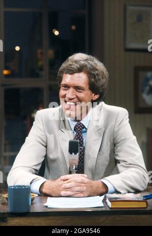 David Letterman, American Television Host, am Set der Late Night Television Show, „Late Night with David Letterman“, NBC-TV, Bernard Gotfryd, Oktober 1982 Stockfoto