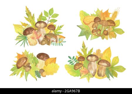 Herbstelemente Arrangements mit Waldpilzen und bunten grünen, orangefarbenen, gelben Blättern Saisonale Herbstferien Aquarell floral illustrate Stockfoto