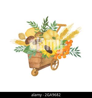 Herbstarrangement mit Sonnenblumen, Pilzen, Kürbis, Eberesche, Weizen, Blätter in einem Gartenwagen saisonale Herbst Feiertage Aquarell florale Illustration, c Stockfoto