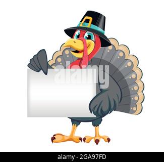 Alles Gute Zum Erntedankfest. Lustige Zeichentrickfigur türkei Vogel im Pilgerhut stehen mit leerem Plakat. Vektorgrafik auf weißem Hintergrund Stock Vektor