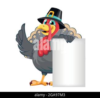 Alles Gute Zum Erntedankfest. Lustige Zeichentrickfigur türkei Vogel in Pilgerhut in der Nähe von leeren Banner stehen. Vektorgrafik auf weißem Hintergrund Stock Vektor