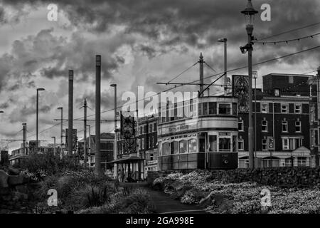 Blackpool Heritage Tram fährt entlang der Promenade Stockfoto