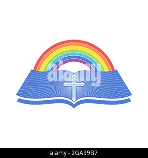 Biblische Illustration. Eine offene bibel und ein Regenbogen des Bundes. Stock Vektor