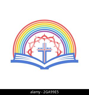 Biblische Illustration. Eine offene bibel und ein Regenbogen des Bundes. Stock Vektor