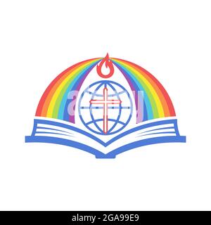 Biblische Illustration. Eine offene bibel und ein Regenbogen des Bundes. Stock Vektor