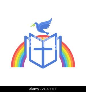 Biblische Illustration. Eine offene bibel, ein Regenbogen des Bundes und eine Taube - ein Symbol des Geistes. Stock Vektor