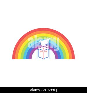 Biblische Illustration. Eine offene bibel, ein Regenbogen des Bundes und eine Taube - ein Symbol des Geistes. Stock Vektor