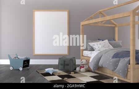 3D-Rendering von Kinderschlafzimmer-Interieur mit einem bequemen Bett und einem leeren Rahmen Stockfoto