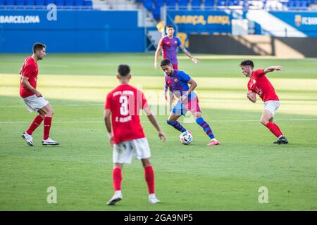 Barcelona, Spanien. Juli 2021. Matheus Pereira (FC Barcelona B) wurde während des Freundschaftsspiel zwischen dem FC Barcelona B und FE Grama im Johan Cruyff Stadium in Aktion gesehen.(Endstand: CA Barcelona B 6:0 FE Grama) Credit: SOPA Images Limited/Alamy Live News Stockfoto