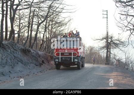 Akkar, Libanon. Juli 2021. Am 29. Juli 2021 ist ein Feuerwehrauto auf dem Weg, um Waldbrände in Akkar, Nordlibanon, zu bekämpfen. Das massive Feuer, das im nordlibanesischen Dorf Quubaiyat ausbrach, wütete in der Region noch am zweiten Tag, berichtete eine lokale Nachrichtenstelle am Donnerstag. Quelle: Khaled/Xinhua/Alamy Live News Stockfoto