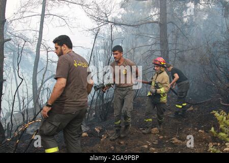 Akkar, Libanon. Juli 2021. Mitglieder der libanesischen Zivilverteidigung kämpfen am 29. Juli 2021 in Akkar, Nordlibanon, gegen ein Wildfeuer. Das massive Feuer, das im nordlibanesischen Dorf Quubaiyat ausbrach, wütete in der Region noch am zweiten Tag, berichtete eine lokale Nachrichtenstelle am Donnerstag. Quelle: Khaled/Xinhua/Alamy Live News Stockfoto