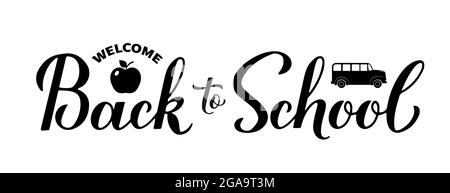 Zurück zur Schule Kalligraphie Hand Schriftzug isoliert auf weiß. Vektorvorlage für Typografie Poster, Banner, Logo Design, Flyer, Grußkarte, Postauto Stock Vektor