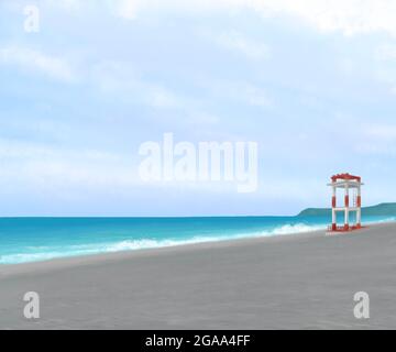 Der-Yen Beach, eine digitale Malerei der Küste aus Sand und Felsstrand mit blauem Himmel und Leuchtturm in Hualien, Taiwan Raster 3D-Illustration anime zurück Stockfoto